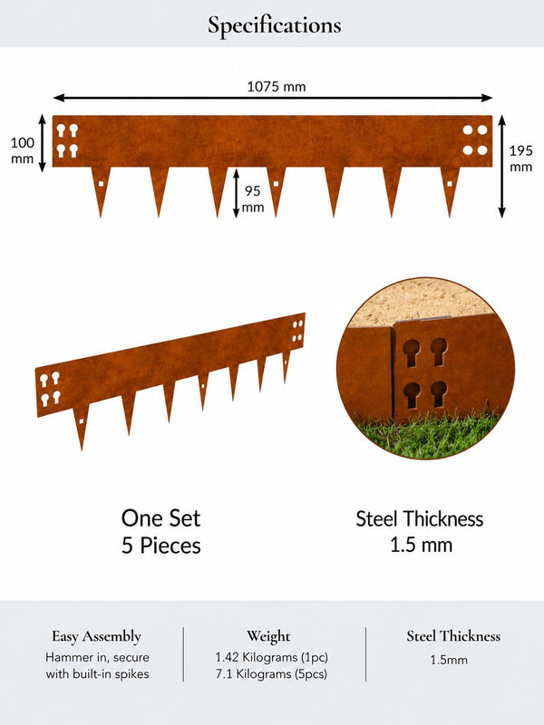 Corten Steel Lawn Edging 1075 x 100mm - Pre-Rusted (Pack of 5 Pcs)