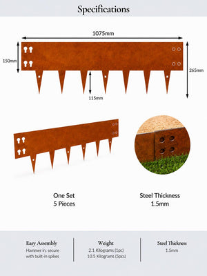 Corten Steel Lawn Edging 1075 x 150mm - Pre-Rusted (Pack of 5 Pcs)