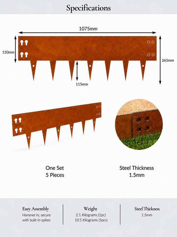 Corten Steel Lawn Edging 1075 x 150mm - Pre-Rusted (Pack of 5 Pcs)