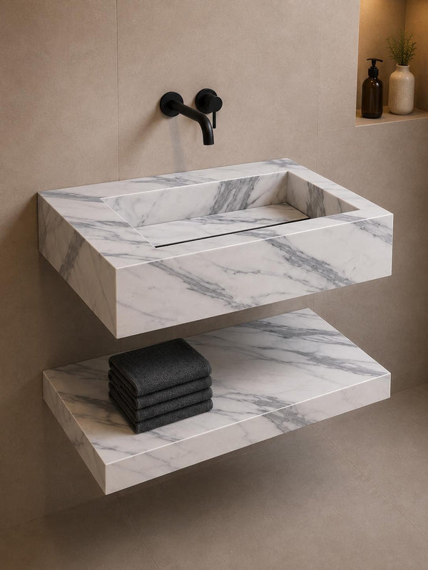 Arabescato Marble Effect Porcelain Sink and Shelf - 600mm