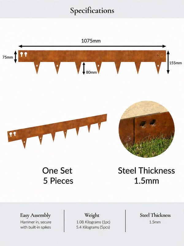 Corten Steel Lawn Edging 1075 x 75mm - Pre-Rusted (Pack of 5 Pcs)