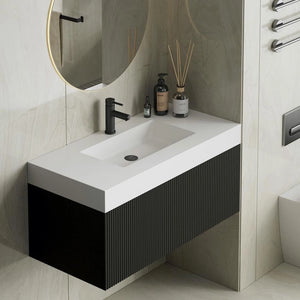 London Matt Black Fluted Bathroom Vanity With Stone Basin - 900mm