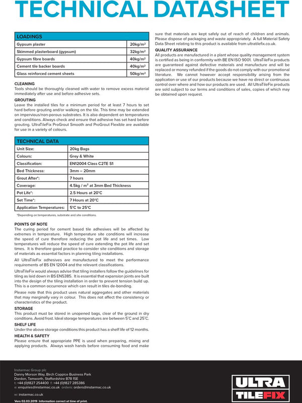 Ultra Tile Fix ProGrip FX Fibre Reinforced Semi-Rapid Flexible S1 Adhesive Technical Sheet