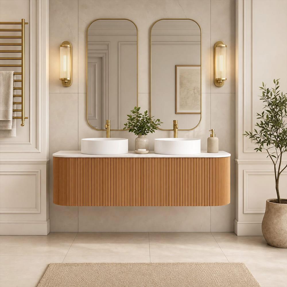 Bali Solid Wood Fluted Double Bathroom Vanity With Side Racks - 1400mm
