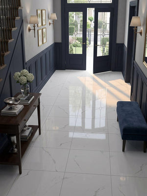 Bianco Marble Effect Polished Porcelain Tile - 600x600mm