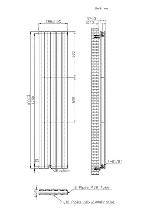 Boston Black Double Panel Vertical Radiator - 1800x380mm
