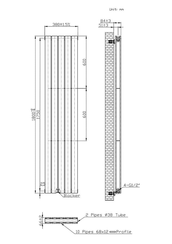 Boston Black Double Panel Vertical Radiator - 1800x380mm
