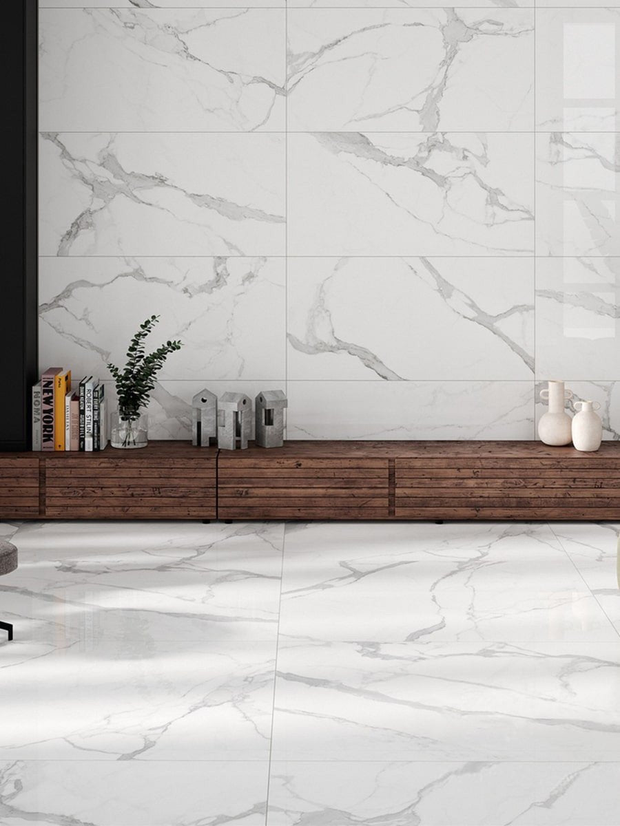 Statuario Smoke White Polished Porcelain Tile - 1200x600mm