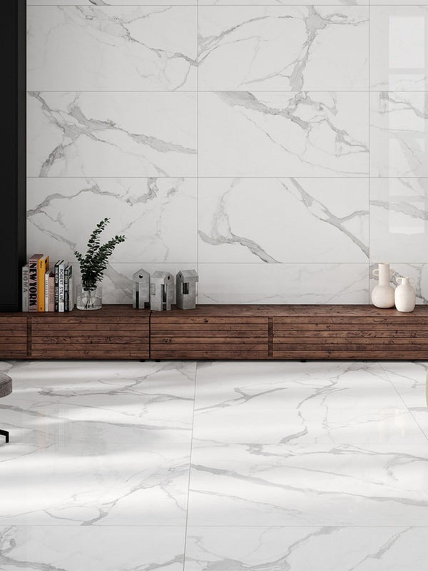 Statuario Smoke White Polished Porcelain Tile - 1200x600mm