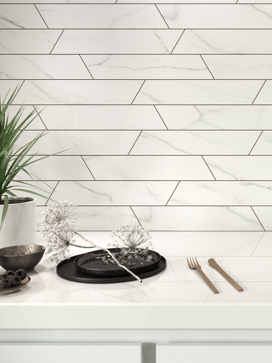 Calacatta White Chevron Tile - 80x400mm