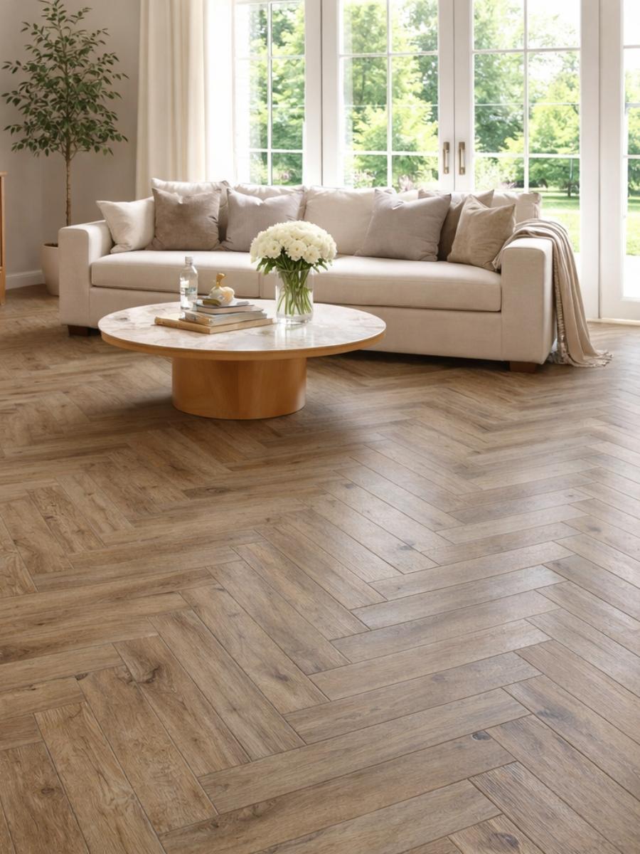 Chestnut Oak Herringbone Luxury Click Vinyl Flooring Tiles - 640x128x6mm