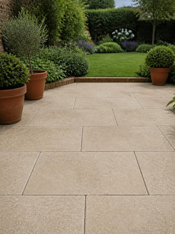 Desert Beige Brushed and Tumbled Natural Limestone Paving Slabs -900x600x20mm