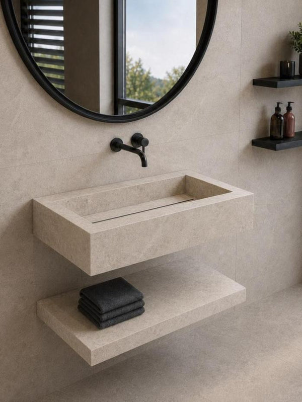 Dome Bone Marble Effect Porcelain Sink and Shelf - 800mm