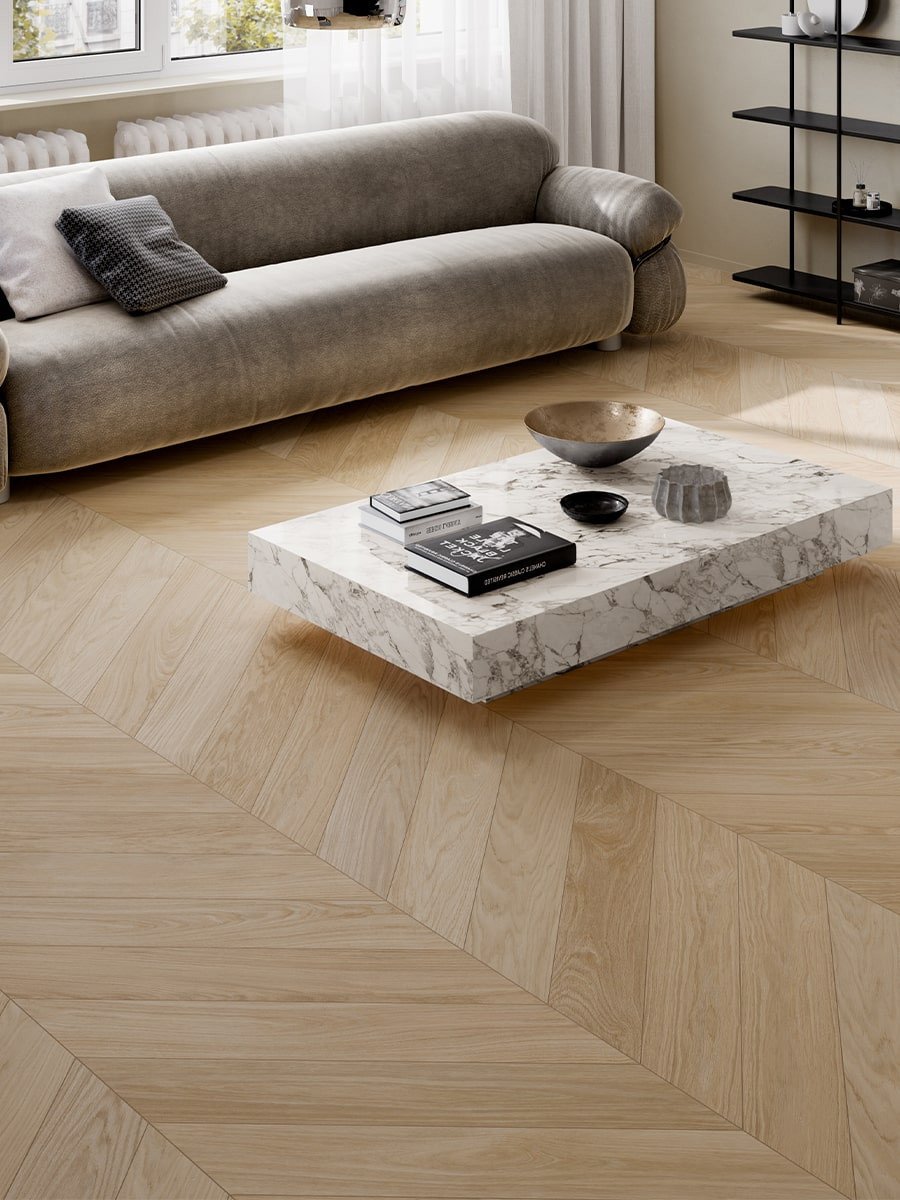Dream Ecru Chevron Wood Effect Italian Porcelain Tile - 850x150mm

