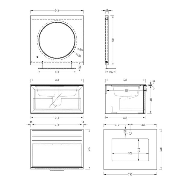 Florence Glass Drawer Vanity With Metal Shelf & Sensor Light - 750mm

