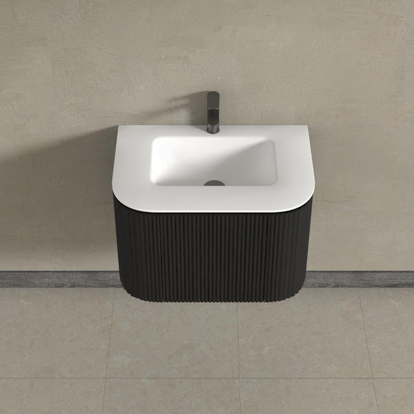 Kensington Black Wall Hung Rectangular Basin Fluted Bathroom Vanity Unit With Side Cabinets 750mm
