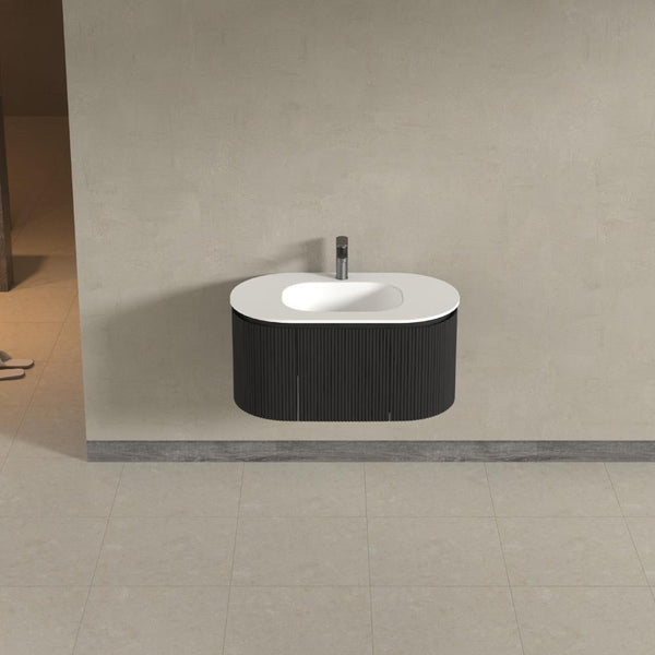Kensington Black Wall Mounted Oval Basin Fluted Bathroom Vanity Unit With Side Cabinets 900mm
