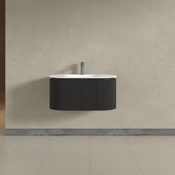 Kensington Black Wall Mounted Oval Basin Fluted Bathroom Vanity Unit With Side Cabinets 900mm
