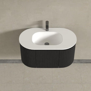 Kensington Black Wall Mounted Oval Basin Fluted Bathroom Vanity Unit With Side Cabinets 900mm
