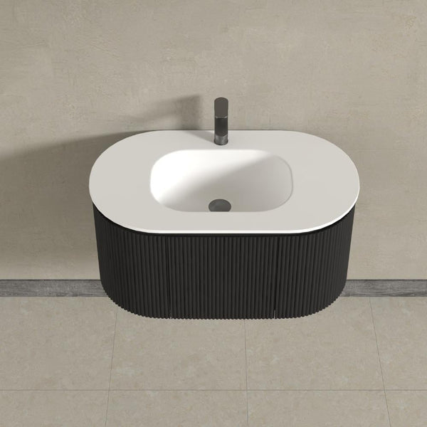 Kensington Black Wall Mounted Oval Basin Fluted Bathroom Vanity Unit With Side Cabinets 900mm
