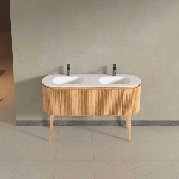 Kensington Solid Wood Floor Standing Dual Oval Basin Fluted Vanity Unit With Side Cabinets 1400mm.
