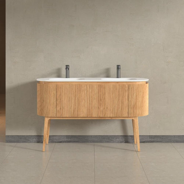 Kensington Solid Wood Floor Standing Dual Oval Basin Fluted Vanity Unit With Side Cabinets 1400mm.
