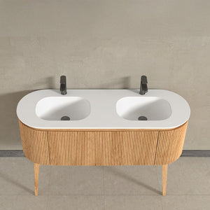 Kensington Solid Wood Floor Standing Dual Oval Basin Fluted Vanity Unit With Side Cabinets 1400mm.
