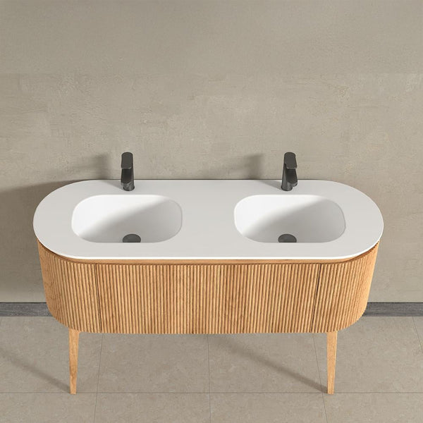 Kensington Solid Wood Floor Standing Dual Oval Basin Fluted Vanity Unit With Side Cabinets 1400mm.
