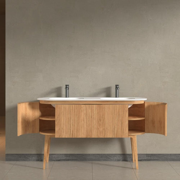 Kensington Solid Wood Floor Standing Dual Oval Basin Fluted Vanity Unit With Side Cabinets 1400mm.
