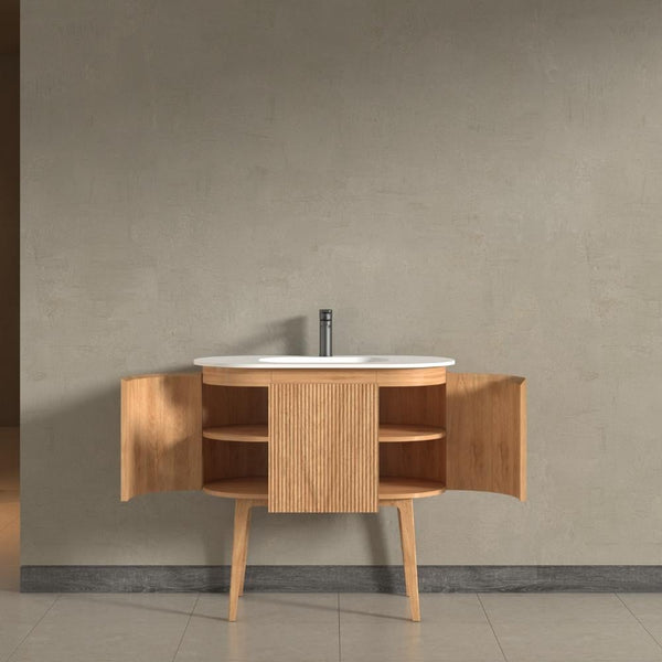 Kensington Solid Wood Floor Standing Oval Basin Fluted Bathroom Vanity Unit With Side Cabinets 900mm / 1200mm
