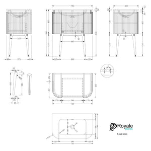 Kensington Solid Wood Floor Standing Rectangular Basin Fluted Bathroom Vanity Unit With Side Cabinets 750mm
