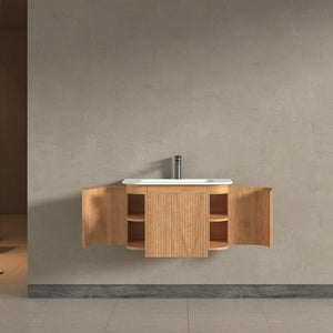 Kensington Solid Wood Wall Hung Rectangular Basin Fluted Bathroom Vanity Unit With Side Cabinets 750mm
