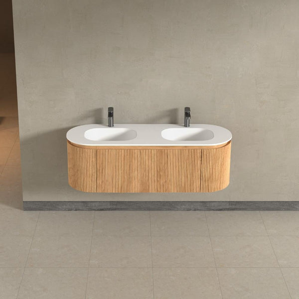Kensington Solid Wood Wall Mounted Dual Oval Basin Fluted Bathroom Vanity Unit With Side Cabinets 1400mm.
