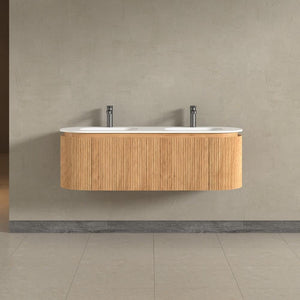 Kensington Solid Wood Wall Mounted Dual Oval Basin Fluted Bathroom Vanity Unit With Side Cabinets 1400mm.
