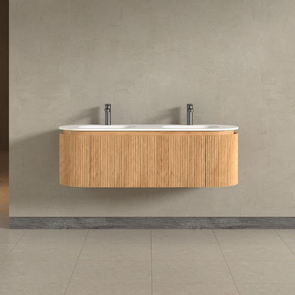 Kensington Solid Wood Wall Mounted Dual Oval Basin Fluted Bathroom Vanity Unit With Side Cabinets 1400mm.
