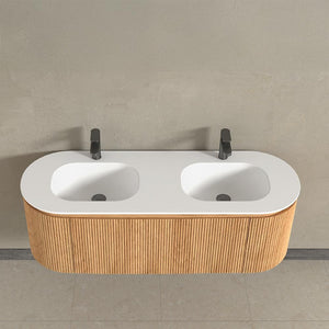 Kensington Solid Wood Wall Mounted Dual Oval Basin Fluted Bathroom Vanity Unit With Side Cabinets 1400mm.
