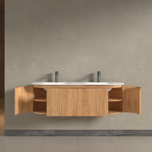 Kensington Solid Wood Wall Mounted Dual Oval Basin Fluted Bathroom Vanity Unit With Side Cabinets 1400mm.
