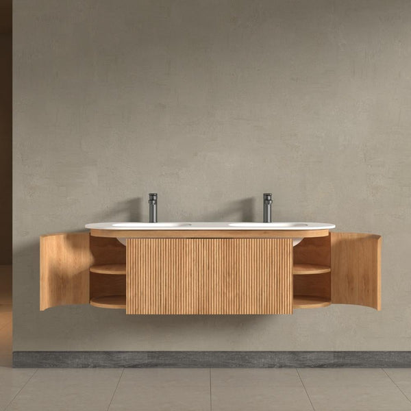 Kensington Solid Wood Wall Mounted Dual Oval Basin Fluted Bathroom Vanity Unit With Side Cabinets 1400mm.
