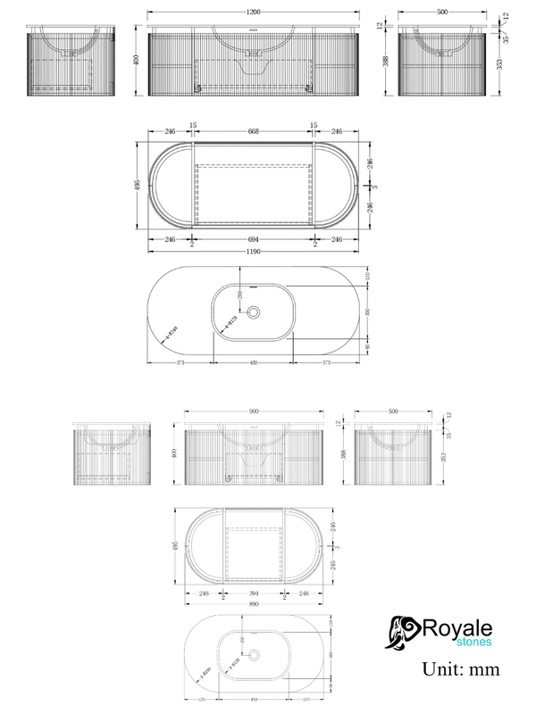 Kensington Solid Wood Wall Mounted Oval Basin Fluted Bathroom Vanity Unit With Side Cabinets 900mm / 1200mm