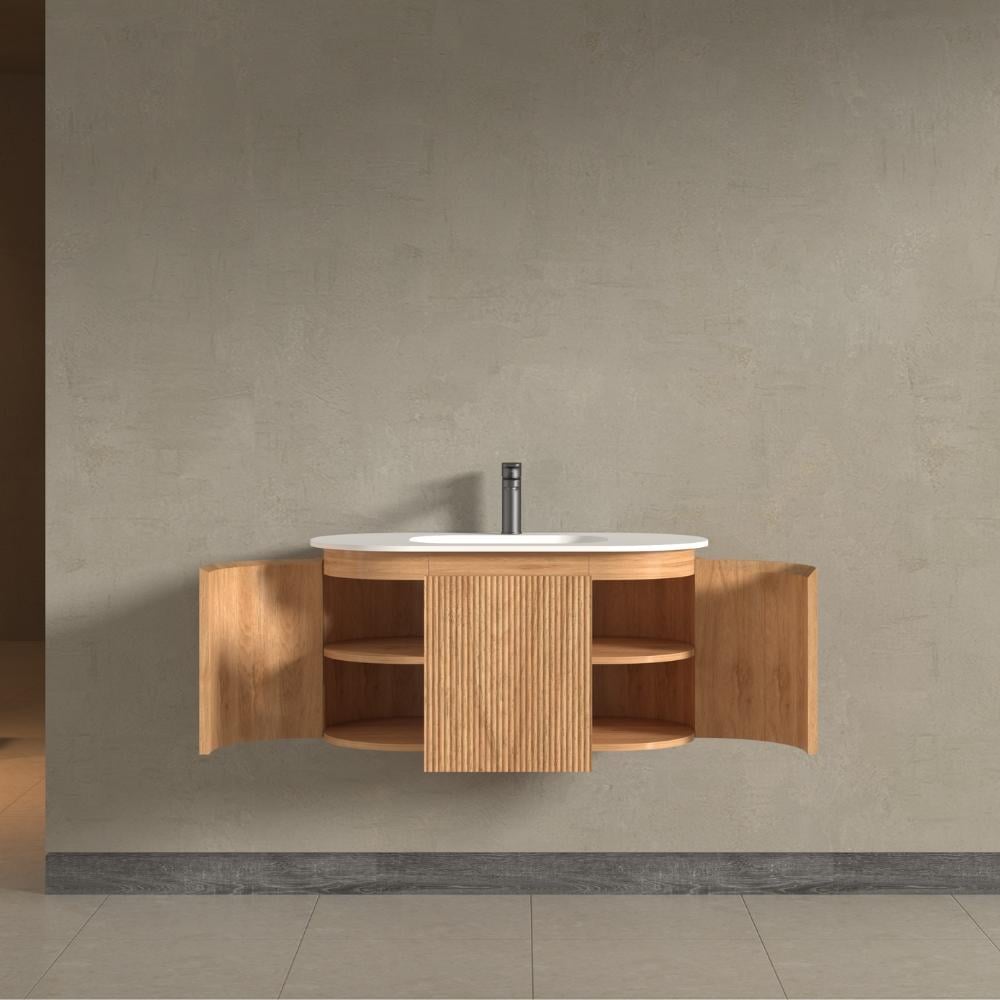 Kensington Solid Wood Wall Mounted Oval Basin Fluted Bathroom Vanity Unit With Side Cabinets 900mm / 1200mm
