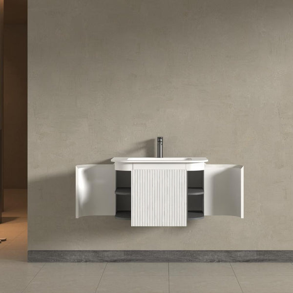 Kensington White Wall Hung Rectangular Basin Fluted Bathroom Vanity Unit With Side Cabinets 750mm
