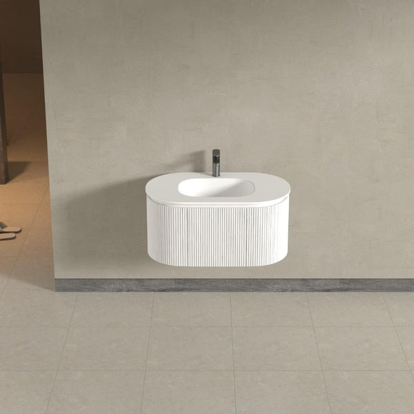Kensington White Wall Mounted Oval Basin Fluted Bathroom Vanity With Side Cabinets Unit 900mm

