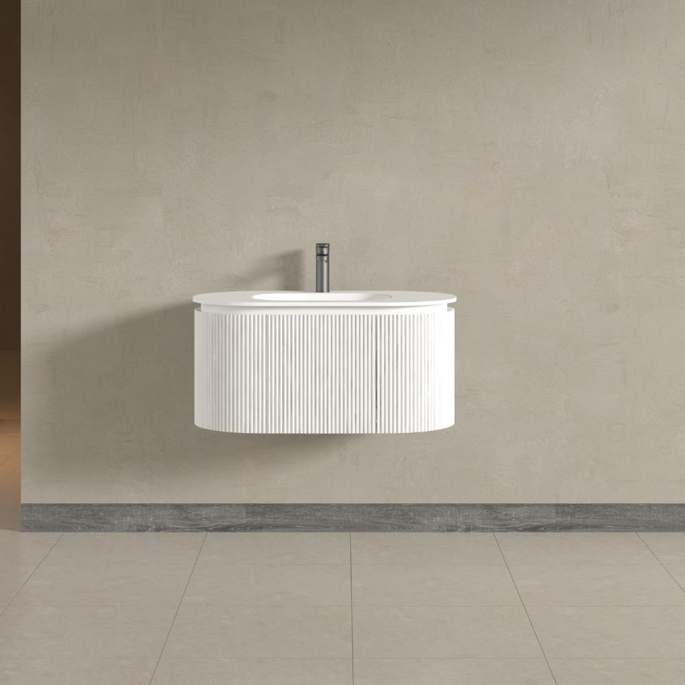 Kensington White Wall Mounted Oval Basin Fluted Bathroom Vanity With Side Cabinets Unit 900mm

