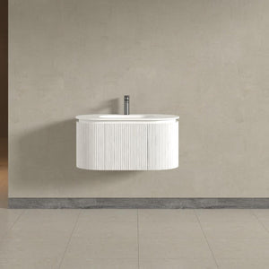 Kensington White Wall Mounted Oval Basin Fluted Bathroom Vanity With Side Cabinets Unit 900mm
