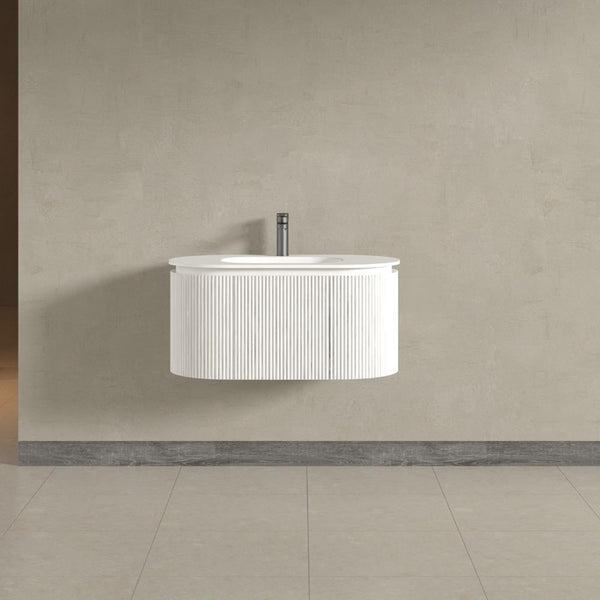 Kensington White Wall Mounted Oval Basin Fluted Bathroom Vanity With Side Cabinets Unit 900mm
