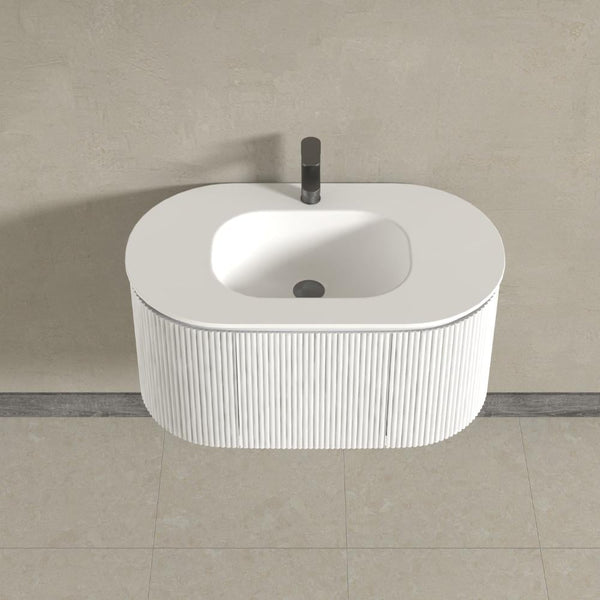 Kensington White Wall Mounted Oval Basin Fluted Bathroom Vanity With Side Cabinets Unit 900mm
