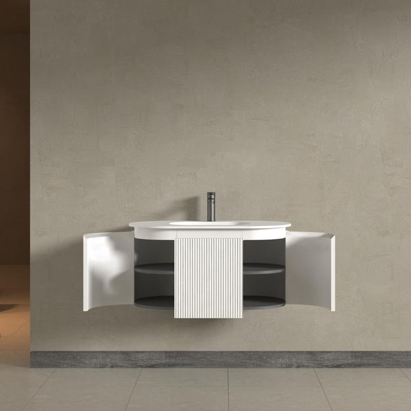 Kensington White Wall Mounted Oval Basin Fluted Bathroom Vanity With Side Cabinets Unit 900mm
