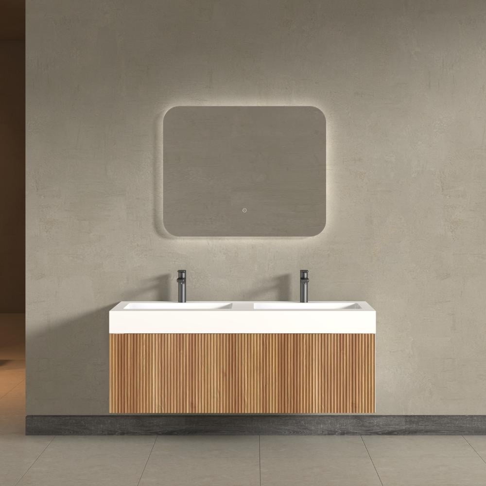 London Solid Wood Fluted Bathroom Double Sink Vanity With Stone Basin - 1200mm
