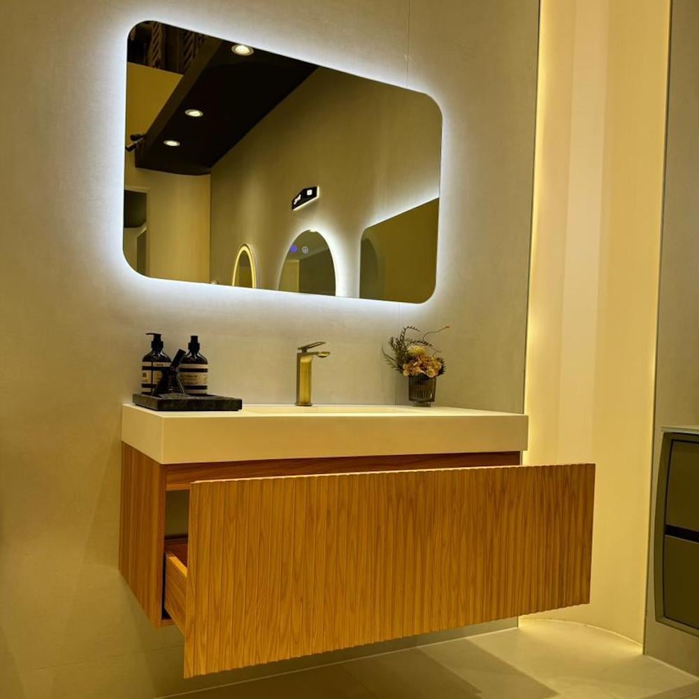 London Solid Wood Fluted Bathroom Vanity With Stone Basin - 900mm