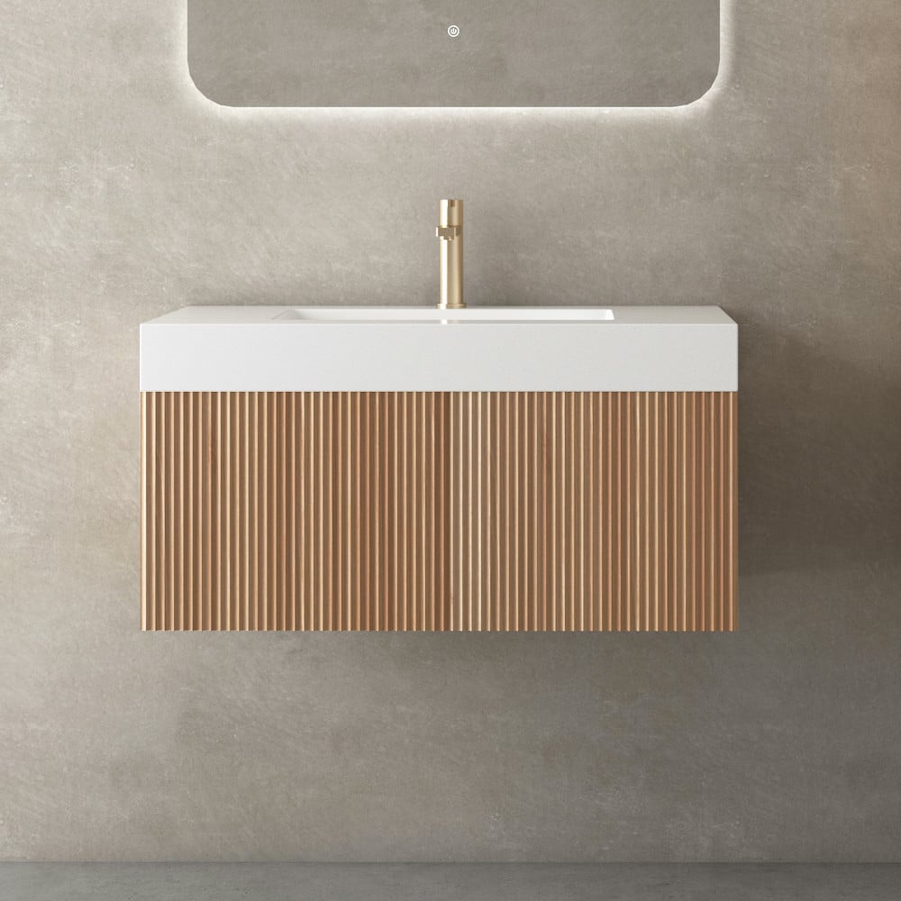 London Solid Wood Fluted Bathroom Vanity With Stone Basin - 900mm